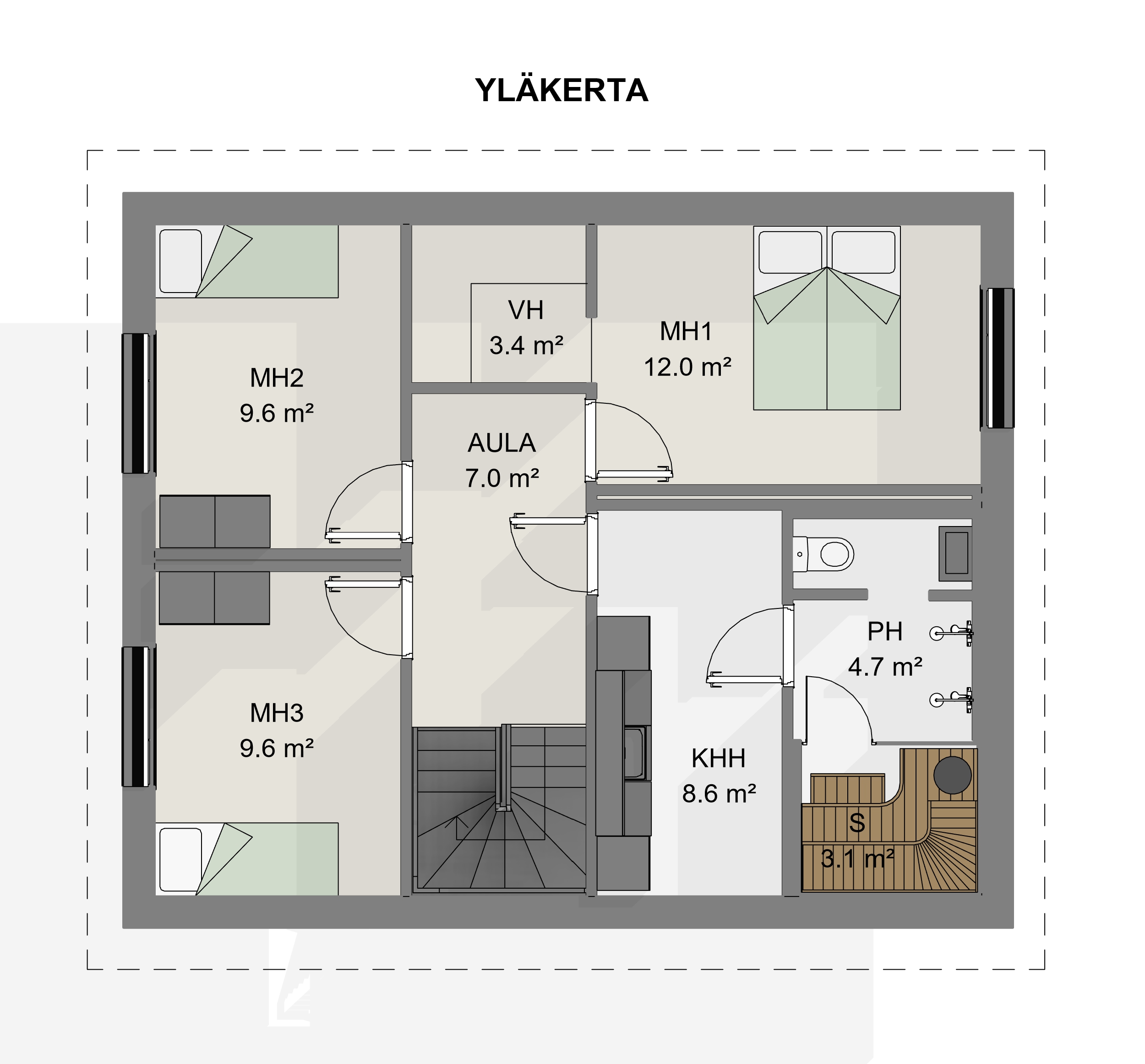 Kaksikerroksinen muuttovalmis Sievitalo yläkerta